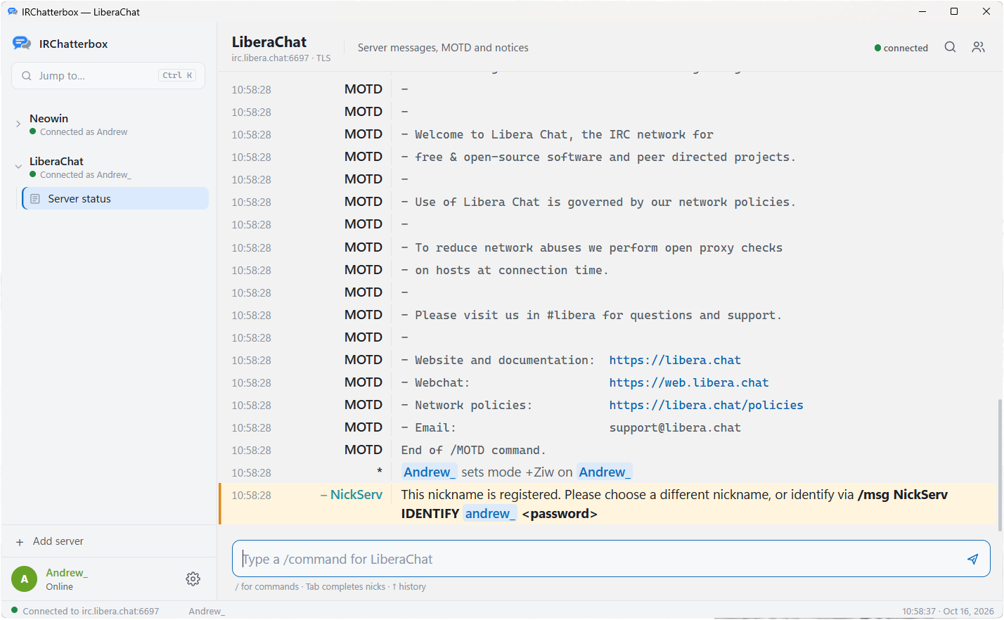IRChatterbox connected to Libera.Chat and OFTC, showing #general with an inline image, coloured nicks and the user list